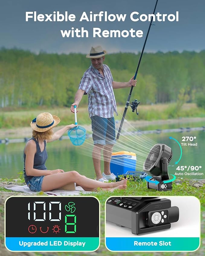 Camping Fan with Light, 20000mAh Rechargeable Battery Operated Fan, 112H Max Cooling Time, 8 Speeds, Digital Display, Remote Control, 270°Pivot with Hook for Tent Car RV Power Outage Hurricane