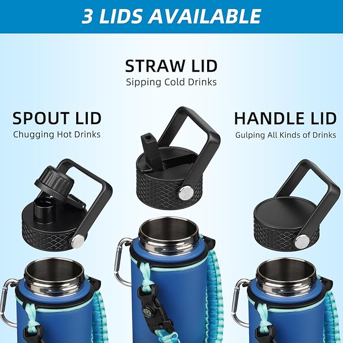 BJPKPK 32oz Insulated Water Bottles with 3 Lids, Paracord Handle & Non-slip Boot, Stainless Steel Metal Water Bottle,Reusable BPA Free Thermo, Tumblers, Army Green & Black