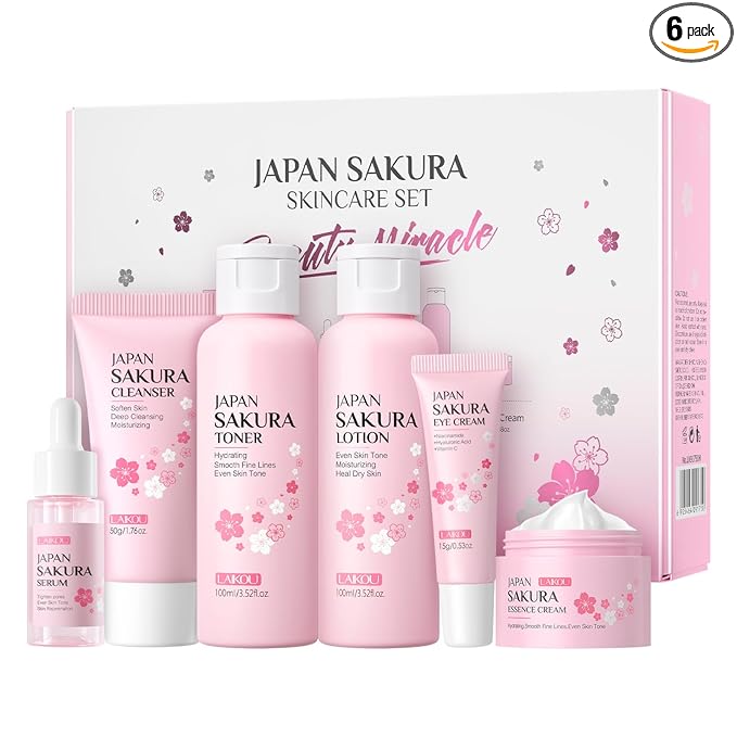 LAIKOU Skin Care Set JAPAN SAKURA Women Beauty Gift Sets Skin Care Kit with Cleanser, Toner, Lotion, Serum, Eye Cream, Face Cream Travel Kit for Women Teen Girls Mom Daughter TSA-friendly Sizes 6pcs
