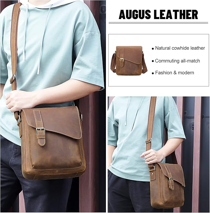Augus Men's Leather Messenger Bag Shoulder Crossbody Backpack Bags Purse for Women Vintage Anti-Theft Waterproof Casual