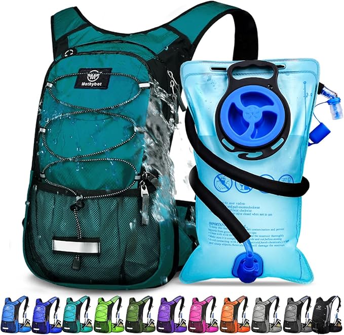 Insulated Hydration Backpack Pack with 3L BPA Free Leak Proof Water Bladder, Large Storage Lightweight Hiking Daypack with Waist Pouches & Cooler Layer, for Running, Biking, Camping, Festival