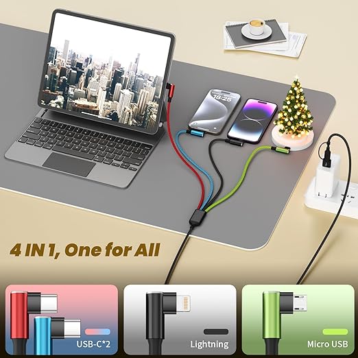 Travel Essentials 90 Degree Charging Cable, 4 in 2 USB A/USB C Multi Charging Cable, Right Angle Universal Phone Charger with IP/Type C/Type C/Micro Port, Compatible with Most Cell Phones and More
