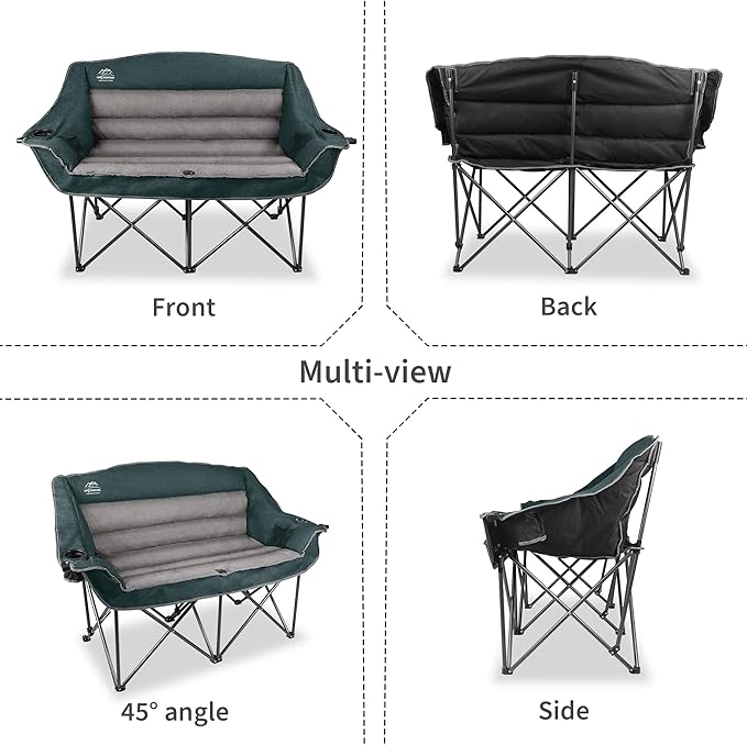 Fully Padded Folding Double Camping Chairs,Comfy Oversized Loveseat Lawn Chair w/Wine Glass Holder,Cup Holder,Heavy Duty Outdoor Portable Camp Couch Support 600 Lbs,Dark Green