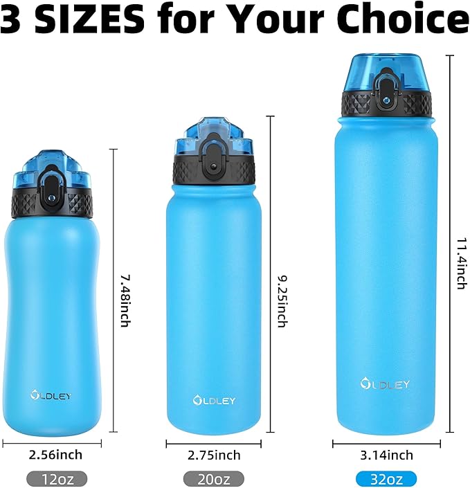OLDLEY Insulated Water Bottle 32oz Water Bottles with Straw, Stainless Steel Water Bottle with 3 Lids, Double Wall Vacuum Bottles for Adult Kids, Sports Bottles for School Travel,Blue