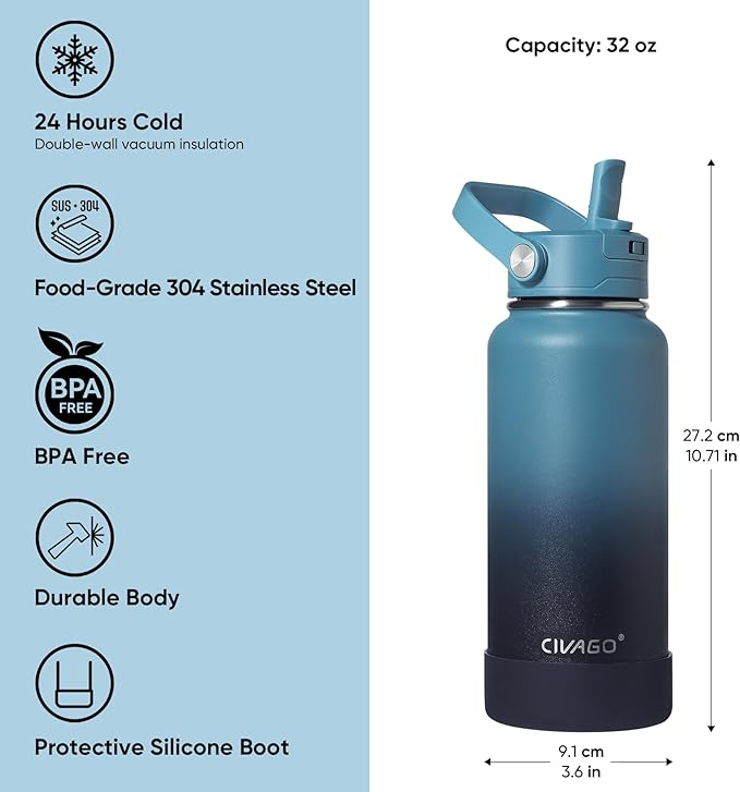CIVAGO 32 oz Insulated Stainless Steel Water Bottle with Detachable Straw, Large Metal Water Jug with Bucket Handle, Leakproof Sports Water Flask with Silicone Boot for Travel, Dishwasher Safe, Black