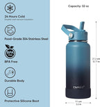 CIVAGO 32 oz Insulated Stainless Steel Water Bottle with Detachable Straw, Large Metal Water Jug with Bucket Handle, Leakproof Sports Water Flask with Silicone Boot, Dishwasher Safe, Indigo Black