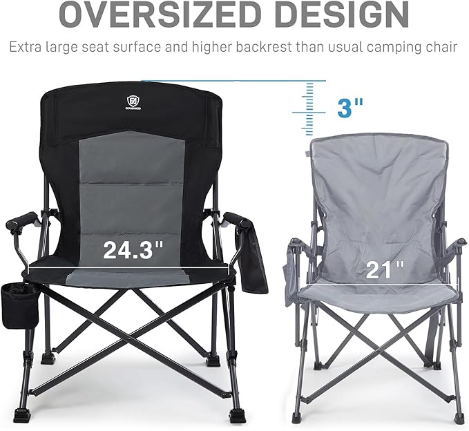 EVER ADVANCED Oversized Folding Camping Chair for Adults, Heavy Duty Lawn Chair with Side Pockets, Portable Collapsible Quad Chair for Outside, Support Up to 500lbs, Black