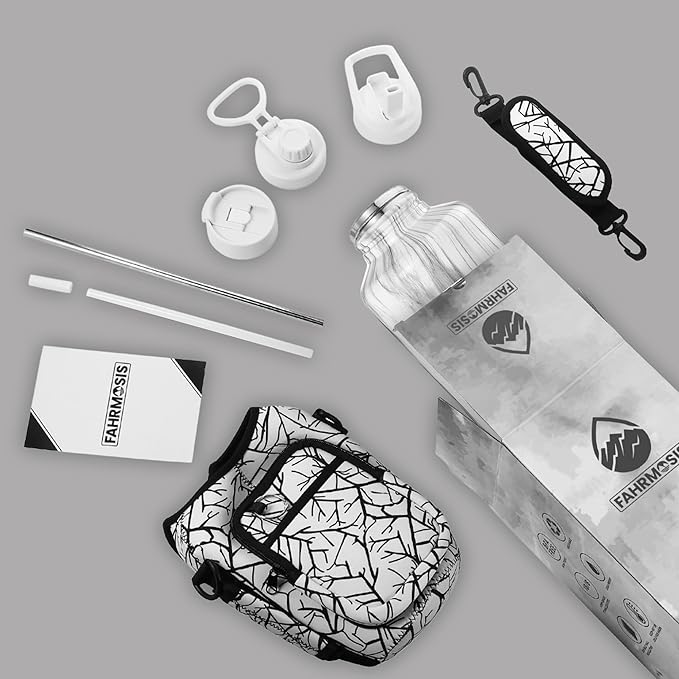 64 Oz Insulated Water Bottle with Strap Stainless Steel Sports Water Bottle with 3 Lids (Straw, Chug and Flip Lid) Leak Proof Metal Half Gallon Jug for Men & Women - White Marble