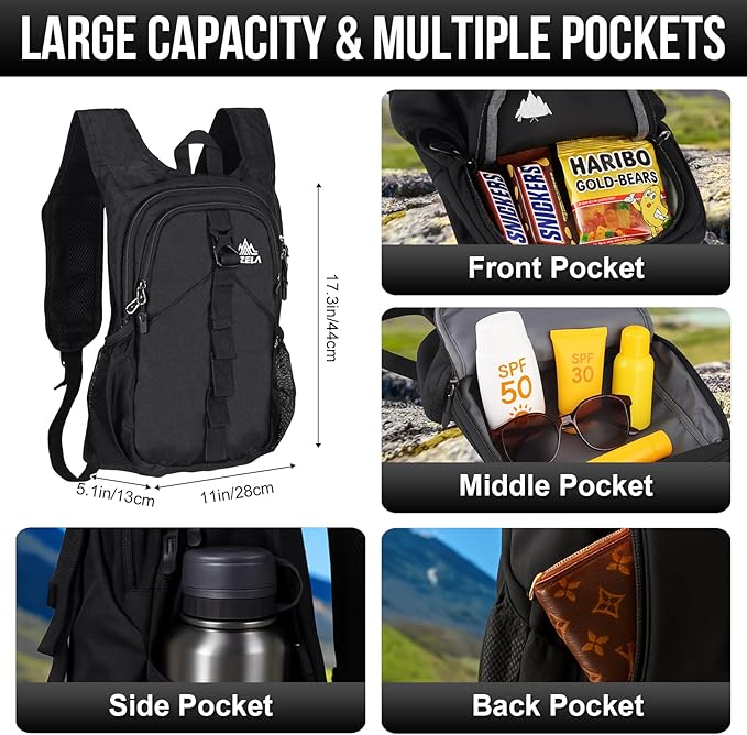 FUNANASUN 16L Ultra-Lightweight Foldable Waterproof Hiking Backpack For Women Men Small Backpack For Hiking Commuting Travel, Black