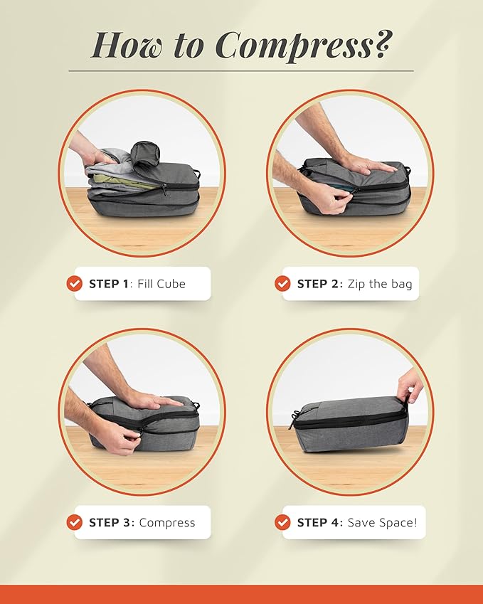 Premium Compression Packing Cubes for Travel, Compression Packaging Cube, Zip Bags Premium 6-Piece Set with laundry bag and shoe bag by TRIPPED Travel Gear (Grey)