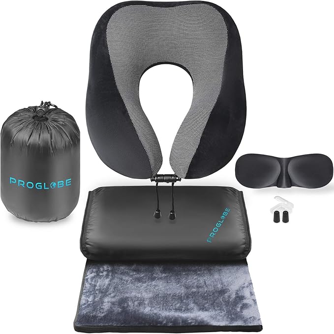 Travel Blanket Luxury Travel Set - Ergonomic Airplane Neck Pillow 100% Pure Memory Foam and Super Soft Fleece Blanket - Premium 3D Sleep Mask & Earplugs - Ultimate 4-in-1 Traveling Kit Black