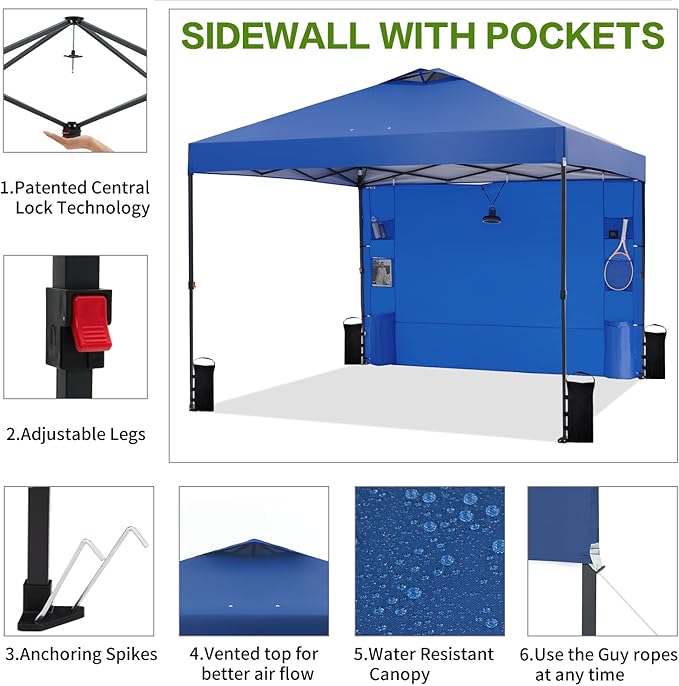 10'x10' Pop Up Canopy Tent with 1 Sidewall and 6 Pockets, One Push Setup, Instant Shade Tent with Vented Roof for Beach Patio Outdoor, Case, 8 Stakes, 4 Ropes, 4 Sandbags (Royal Navy, 10x10)