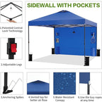 10'x10' Pop Up Canopy Tent with 1 Sidewall and 6 Pockets, One Push Setup, Instant Shade Tent with Vented Roof for Beach Patio Outdoor, Case, 8 Stakes, 4 Ropes, 4 Sandbags (Royal Navy, 10x10)