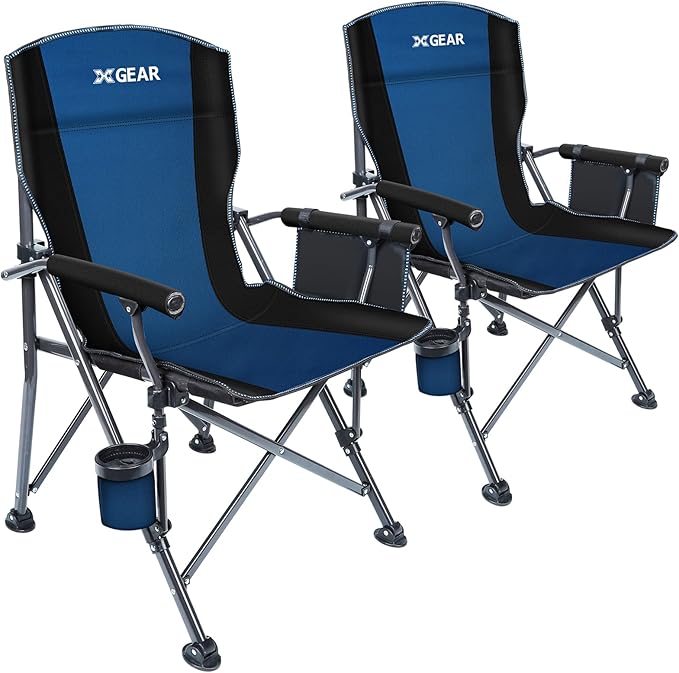 XGEAR Camping Chair with Padded Hard Armrest, Sturdy Folding Camp Chair with Cup Holder, Storage Pockets Carry Bag Included, Support to 400 lbs