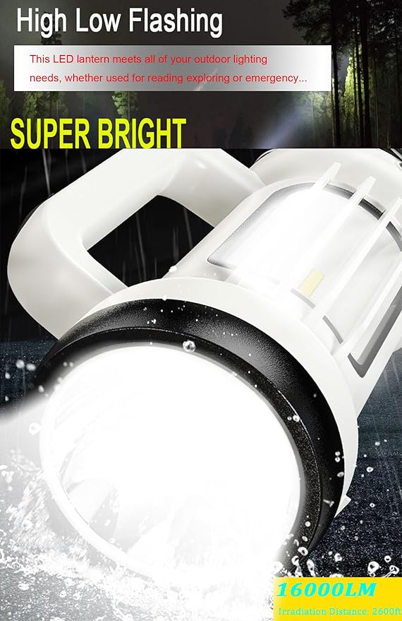 Handheld LED Searchlights Lantern High Power Big Flashlights, 16000LM 5 Lighting Modes Rechargeable Outdoors Camping Hunting Lamp Portable COB Spotlight Work Light for Emergency