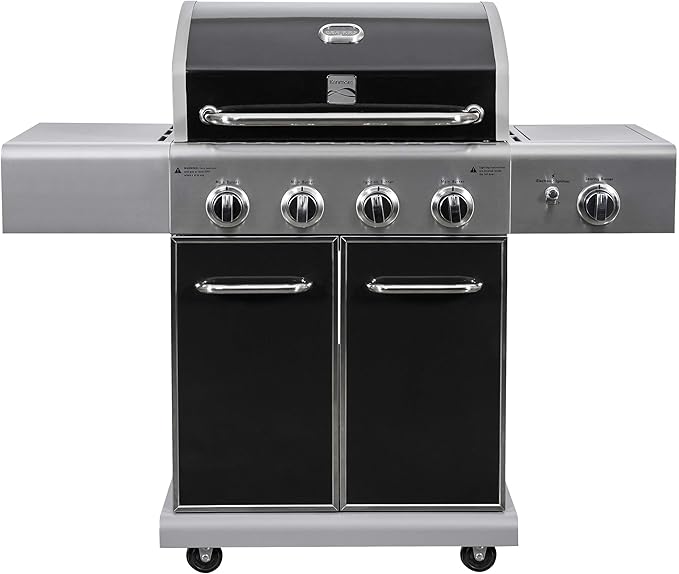 Kenmore 4-Burner BBQ Gas Grill with Searing Side Burner, Propane Grill, 52,000 BTUs, Warming Rack, Electronic Ignition & Cast Iron Cooking Grates, Black/Stainless Steel