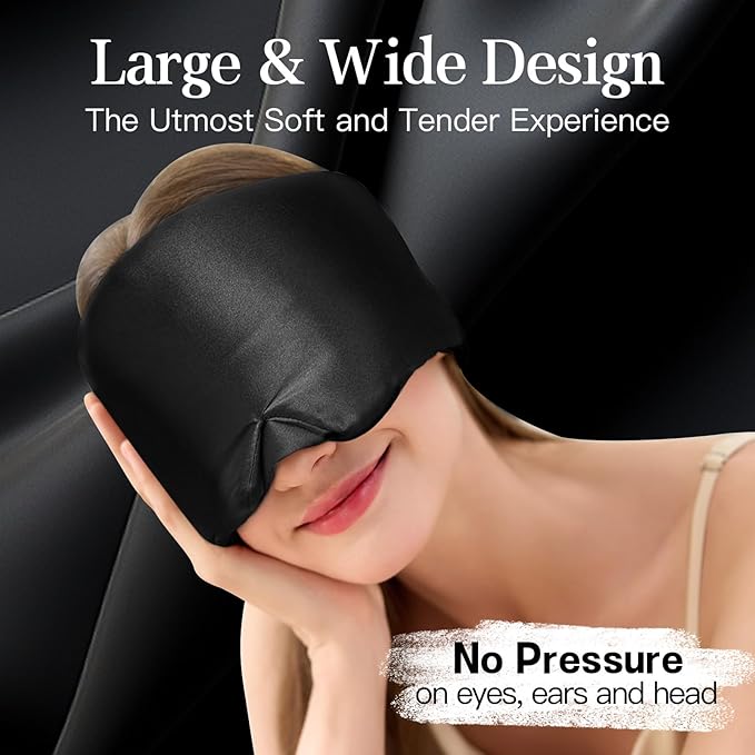 100% Mulberry Silk Sleep Mask, Complete Blackout, Adjustable Velcro Strap, Nasal Wing Design, Large Size, No Eye Cups, Perfect for Side Sleepers, Unisex (Black)