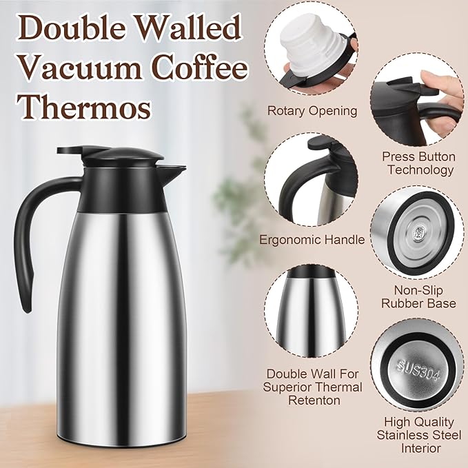 2 PCS 68 OZ Thermal Coffee Carafe, Insulated Stainless Steel Coffee Carafe Double Walled Vacuum Thermal Pot Flask with Brushes Thermos for Keeping Hot Coffee Tea Home and Office (Silver)