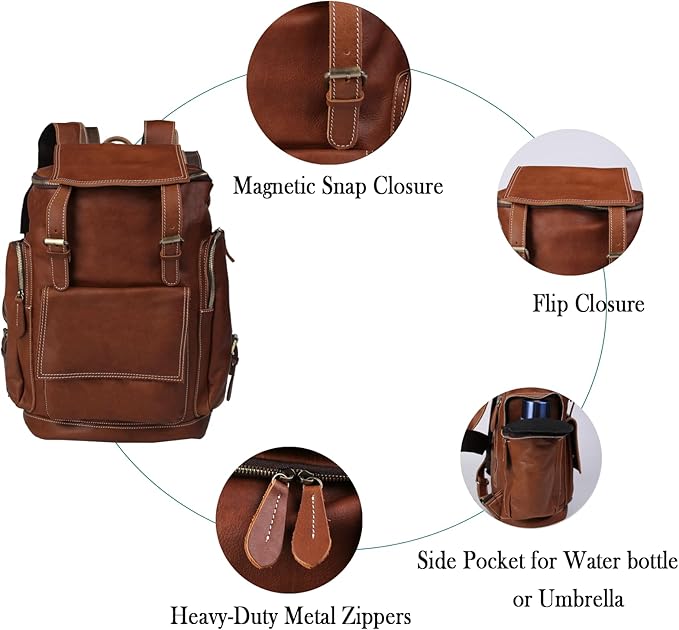 Genuine Crazy Horse Leather Backpack - Vintage Bag with Anti-Theft Design, Fits 16 Inch Laptop(5098-Khaki)