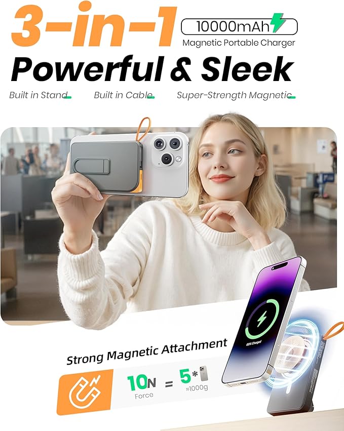 for Magsafe Portable Charger, 3-in-1 Magnetic Power Bank with Stand, 10000mAh Wireless Battery Pack Fast Charging with Built in Cable(USB C), Powerbank for iPhone17/16/15/14/13 Travel & Daily, Black