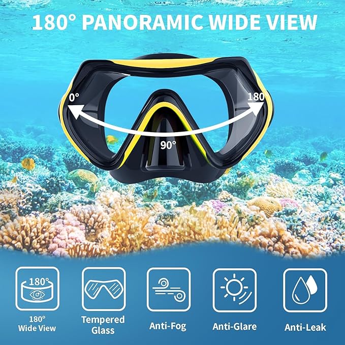 Snorkeling Gear for Adults, JRing Snorkel Mask Set with 180 Degree Tempered Glass Anti Fog Goggles Scuba Dry Top Snorkel for Swimming, Scuba Diving Mask for Men Women