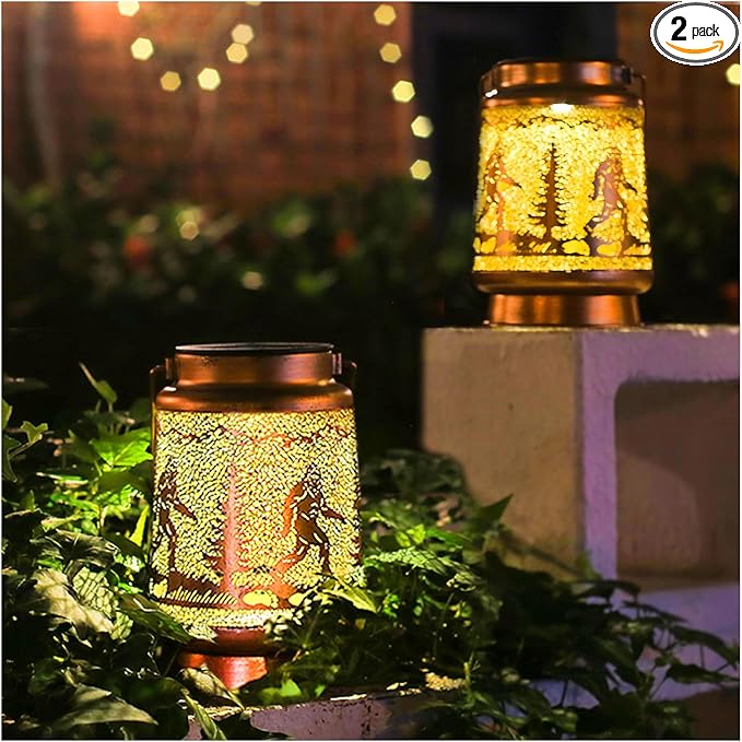 2 Pack Bigfoot Outdoor Solar Hanging Lanterns Waterproof LED Solar Lights Metal Decorative Lanterns for Garden, Patio, Courtyard, Backyard, Yard Decor Unique Bigfoot Gifts for Women Gardening