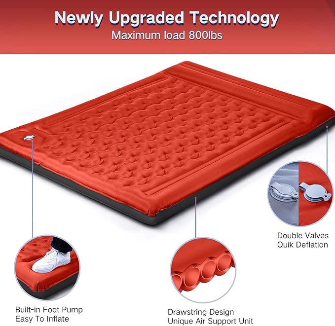 Double Sleeping Pad Camping, Self Inflating 6'' Extra-Thick 2 Person Pillow Built-in Foot Pump Waterproof Inflatable Sleeping Mat Backpacking, Tent, Hiking, Portable Camping Pad