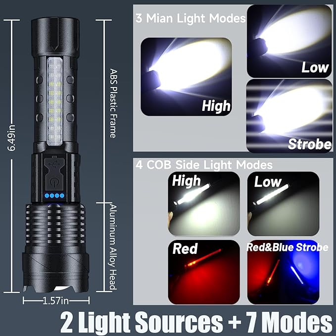 Rechargeable LED Flashlight 2 Pack,90000 High Lumens Tactical Flashlights with 7 Modes,Waterproof Zoomable Handheld Flash Light with COB Work Light for Emergencies,Camping,Home