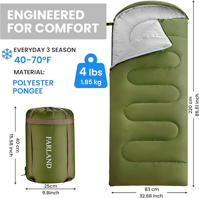 FARLAND Sleeping Bags 30℉ for Adults Teens Kids with Compression Sack Portable and Lightweight for 3-4 Season Camping, Hiking,Waterproof, Backpacking and Outdoors