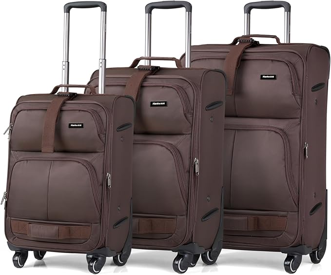 Hanke 3 Piece luggage Sets Softside Expandable luggage with Spinner Wheels TSA Lock,Travel Lightweight Luggage Sets,Coffee