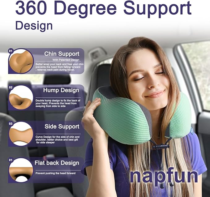 napfun Neck Pillow for Traveling, Upgraded Travel Neck Pillow for Airplane 100% Pure Memory Foam Travel Pillow for Flight Headrest Sleep, Portable Plane Accessories, Striped Turquoise Set
