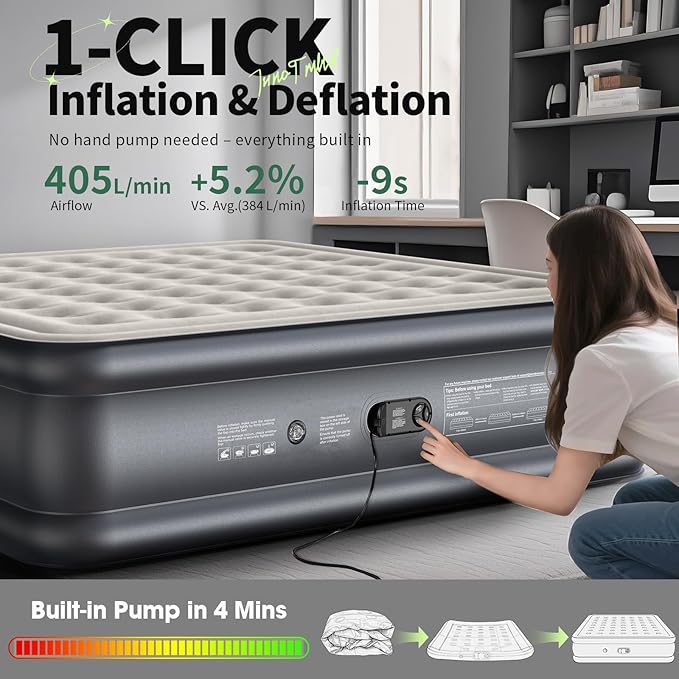 InnoTruth King Size Air Mattress with Built in Pump, Famiy Choice Award Winner, Inflatable Blow up Mattress, 18" Raised 2-4 Persons Family Air Bed for Guests & Home, Ideal for Temporary Use, 700 lbs