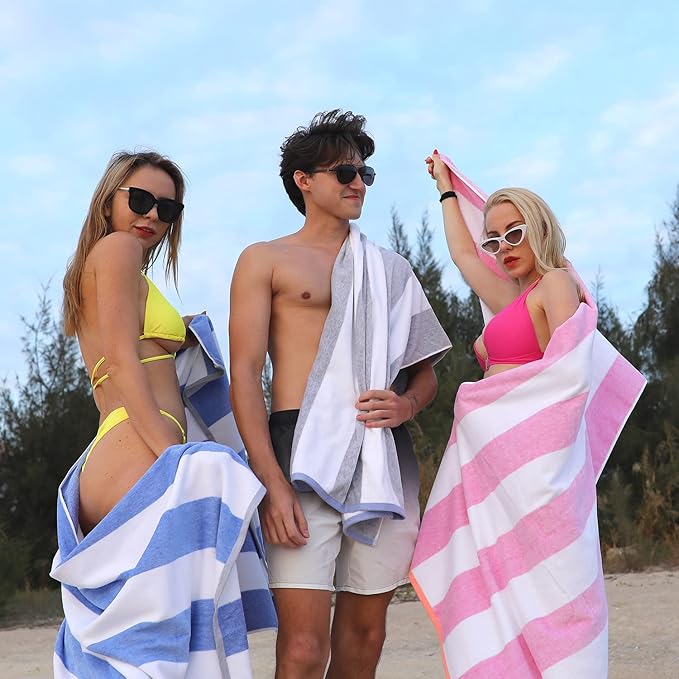 HENBAY Cotton Oversized Beach Towel - Large 70 x 35 Inch Pool Towel, Chiffon Striped Quick Dry Swimming Cabana Towel