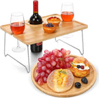 Picnic Foldable Wine Table with Bamboo Plate Kit, Handmade Handle Portable Bamboo Tray Table with Food Plate for 2 Outdoor Camping Picnic Wine Set Gift for Couples