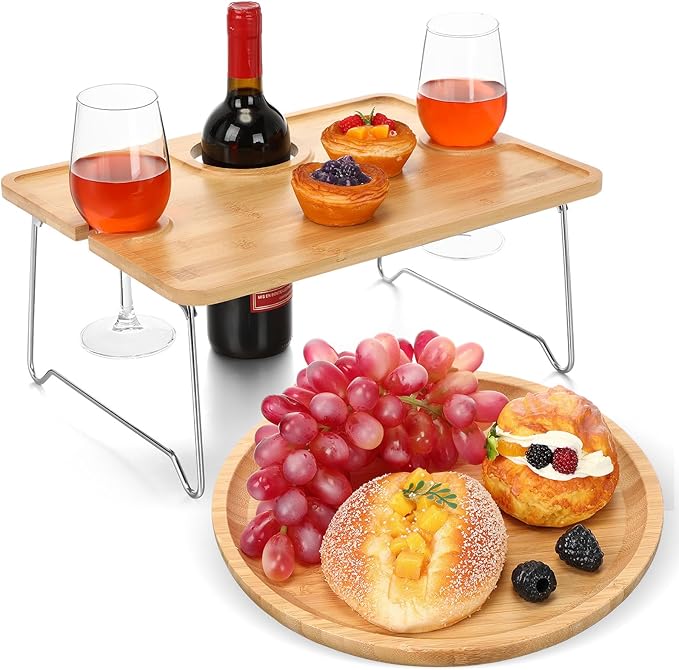 Picnic Foldable Wine Table with Bamboo Plate Kit, Handmade Handle Portable Bamboo Tray Table with Food Plate for 2 Outdoor Camping Picnic Wine Set Gift for Couples
