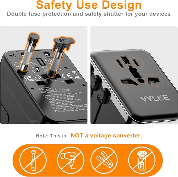 VYLEE 70W GaN International Travel Adapter, Universal Power Adapter with 3 USB-C (PD 70W) & 1 USB-A Ports, Worldwide Wall Charger for US to Europe, UK, Ireland, AU, Asia, Works in 200+ Countries