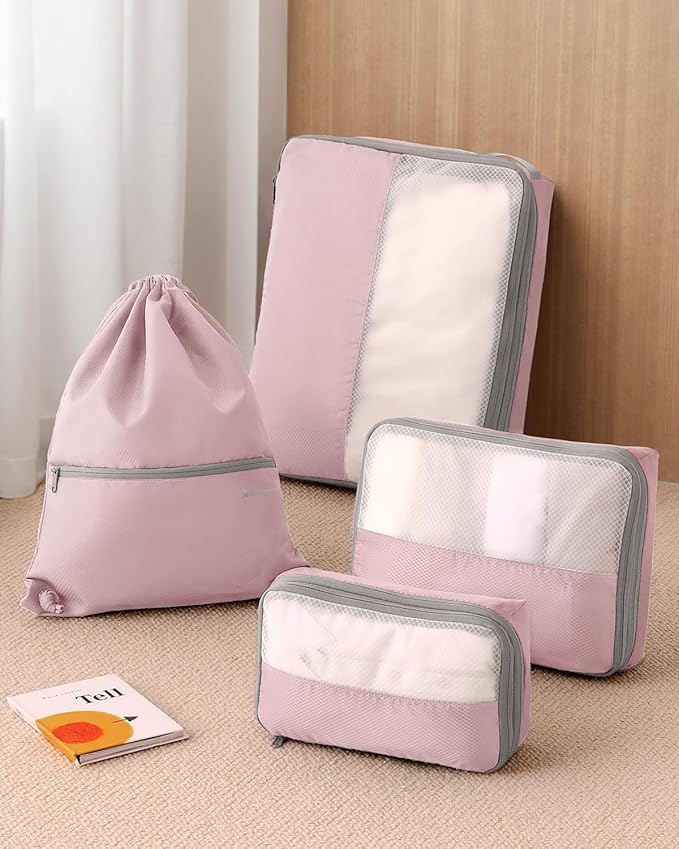 4 Set Compression Packing Cubes for Travel, Bonus Versatile Drawstring Backpack, Lightweight Luggage Organizer Bags, Sturdy Travel Accessories for Suitcase, Pink