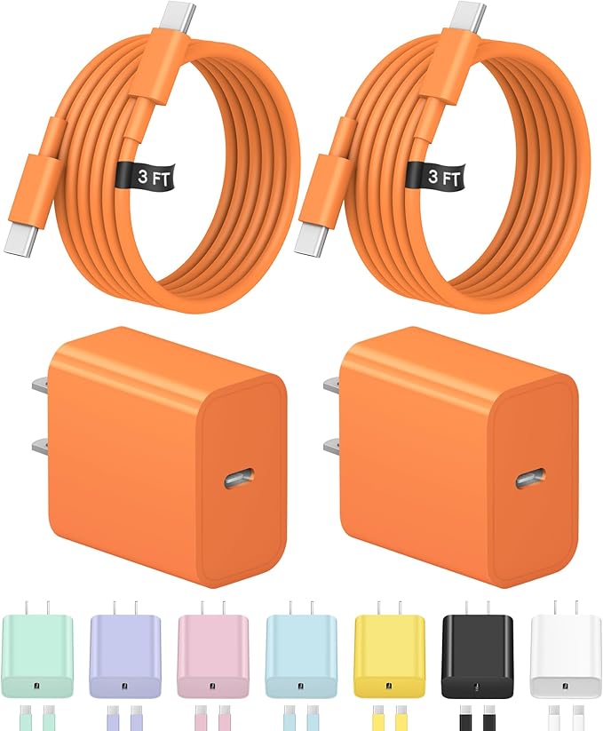 3FT iPhone 17 16 15 Charger Fast Charging USB C Charger Block Type C Chagrer Fast Charging 2-Pack for iPhone 17/17 Plus/17 Pro/17 Pro Max/iPhone 16/16 Plus/16 Pro/16 Pro Max/15 Pro Max/Samsung(Orange)