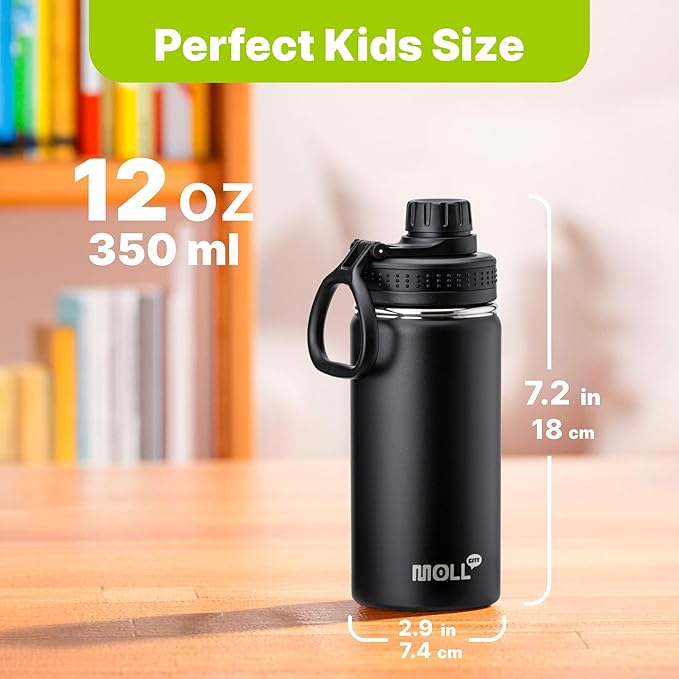 12 oz Water Bottle Stainless Steel Vacuum Insulated Wide Mouth Sports Flask, 2 Pack Water Bottle with Leakproof Spout Lid (Orange-Black)