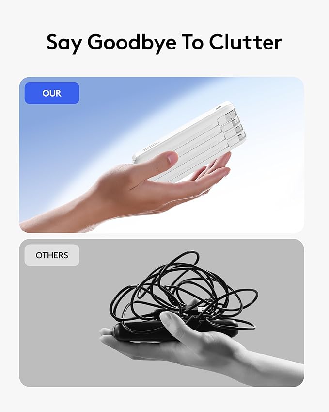 Portable Phone Charger, 10000mAh Portable Charger Power Bank with Built-in Cables, Travel Essential Battery Pack Compatible with iPhone, Samsung, Google, iPads, Tablets, etc