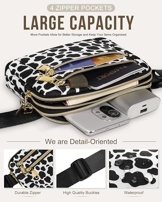 Capolo Fanny Packs for Women Fashion Waist Packs Bag with Adjustable Strap and 4 Zipper Pockets Waterproof Everywhere Crossbody Belt Bag for Workout Running Travelling(Cow Print)