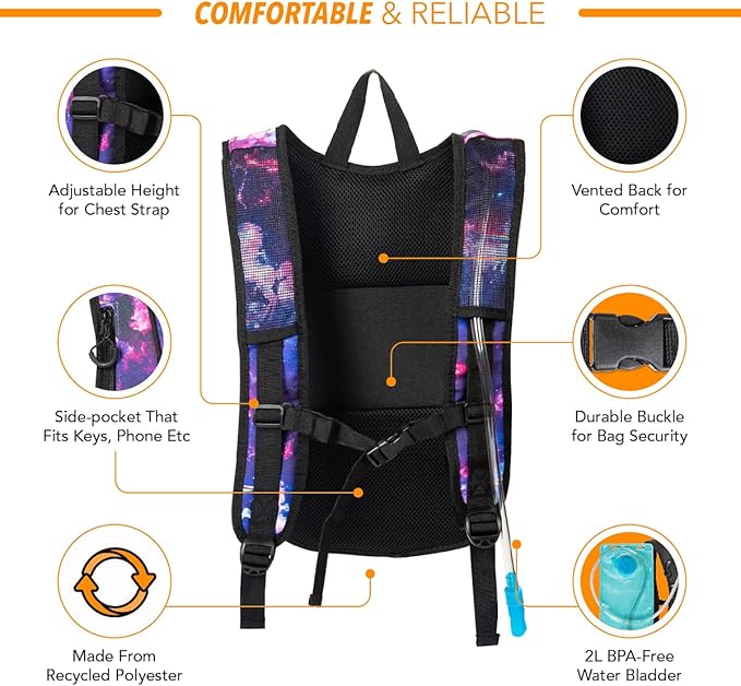 Vibe Festival Gear Hydration Pack Backpack with 2L Water Bladder for Women, Men, Teens, Kids - Hydropack Hydro Sports, Outdoor, Running, Camping, Hiking, Festivals, Raves