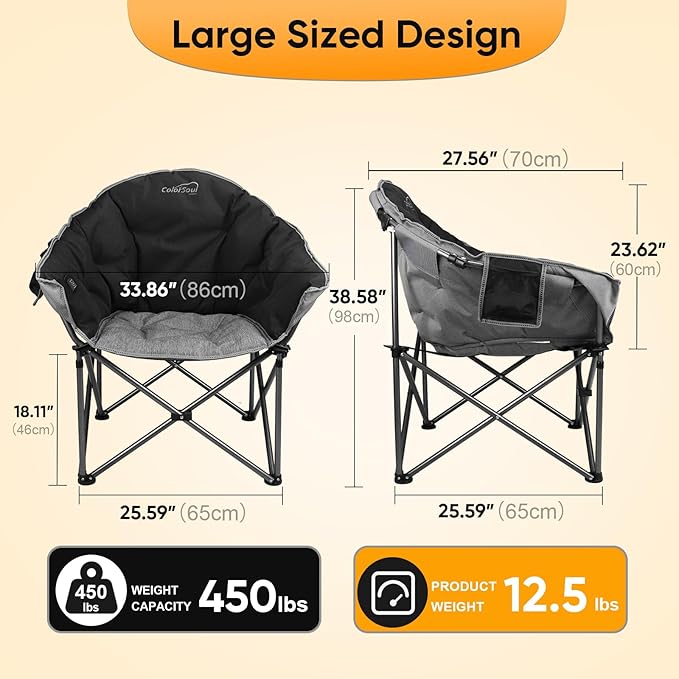 Colorsoul Oversized Heated Camping Chairs Heavy Duty, Fully Thick Padded Heated Chairs for Outdoor Sports, Heated Folding Chair for Adults Support 450lbs, 3 Heat Levels, Battery NOT Included
