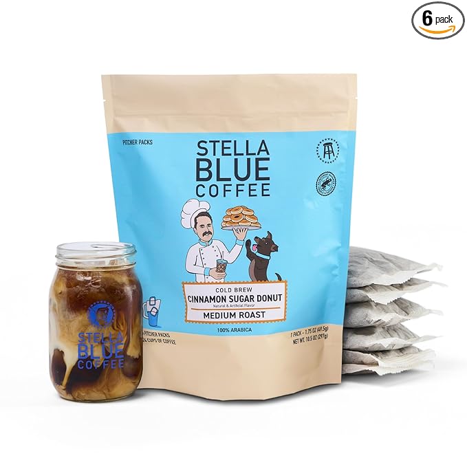 Stella Blue Cold Brew Coffee Packets, Cinnamon Sugar Donut, Medium Roast Ground Coffee, Warm Cinnamon, Sweet Sugar and Donut Pastry Notes, 100% Arabica, 6 Brew Packets, Makes 24 Bold Cups