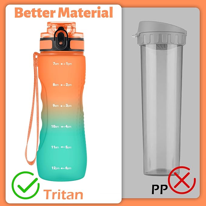 OLDLEY 25 oz Water Bottle, Motivational Water Bottle with Time Marker, Sports Water Bottle With Strap, Leakproof & BPA Free Large Water Bottles for School, Gym, Travel, Outdoor, Tritan,Orange&Green