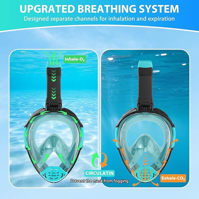 Snorkeling Gear for Adults, Full Face Snorkel Mask, Scuba Diving Mask with Detachable Camera Mount, 180 Degree Panoramic View Anti-Leak Anti-Fog