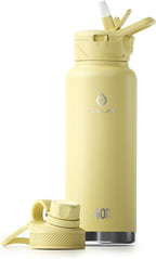 IDEUS Insulated Stainless Steel Water Bottle with 2 Leak-Proof Lids, Thermal Water Flask for Hiking Biking, 40oz, Light Yellow