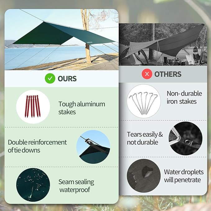 Waterproof Camping Tarp - 10X10ft Hammock Rain Fly, Ultralight & Portable & UV Protection Backpacking Tarp, Multifunctional for Outdoor Adventure, Hiking, Tent, Hammock