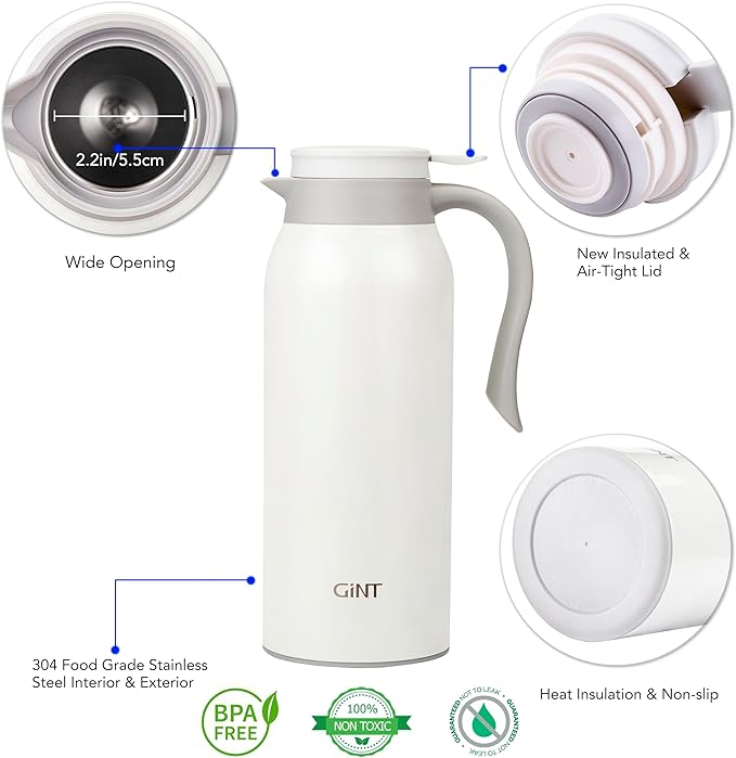 GiNT 51 Oz Stainless Steel Thermal Coffee Carafe, Double Walled Vacuum Insulated Flask, 12 Hour Heat Retention, 1.5 Liter Tea, Water, and Coffee Dispenser (Upgraded version White)