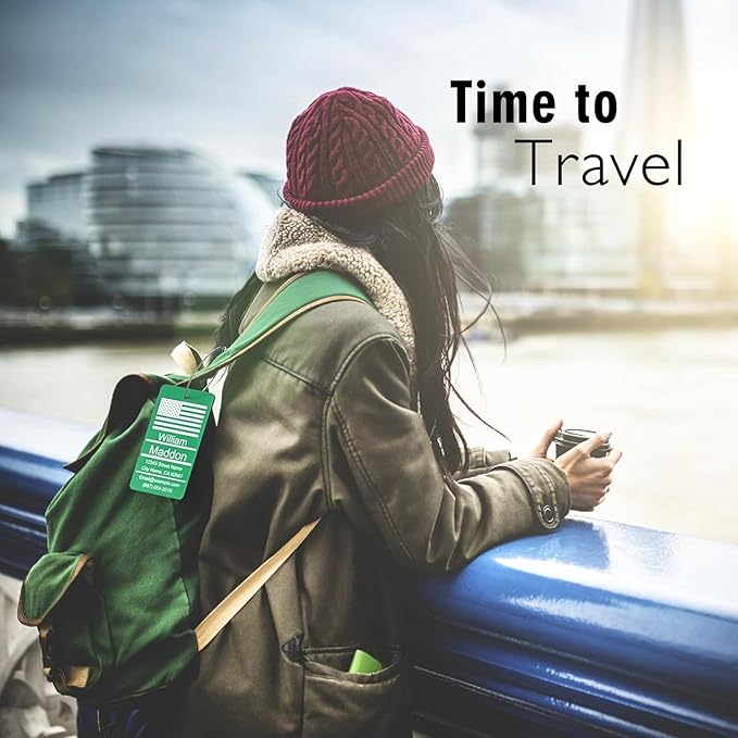 Luggage Tags for Suitcase - Green Personalized Engraved Metal Tag for Cruise Travel - Custom Name Tags Suitable for Bags and Backpacks